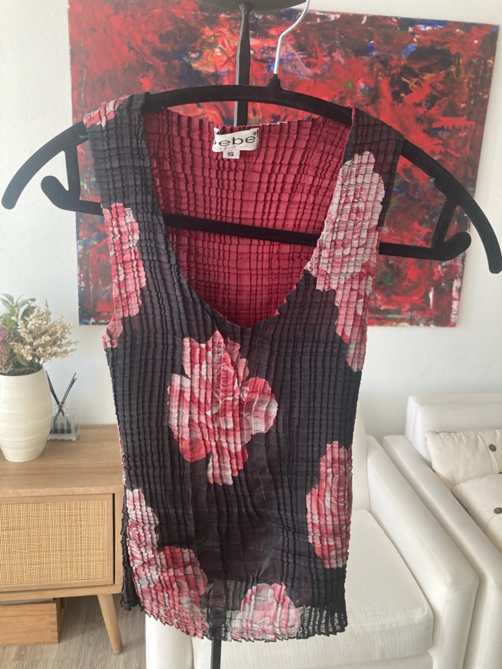 bebe Black Tank Top with Pink Floral Print